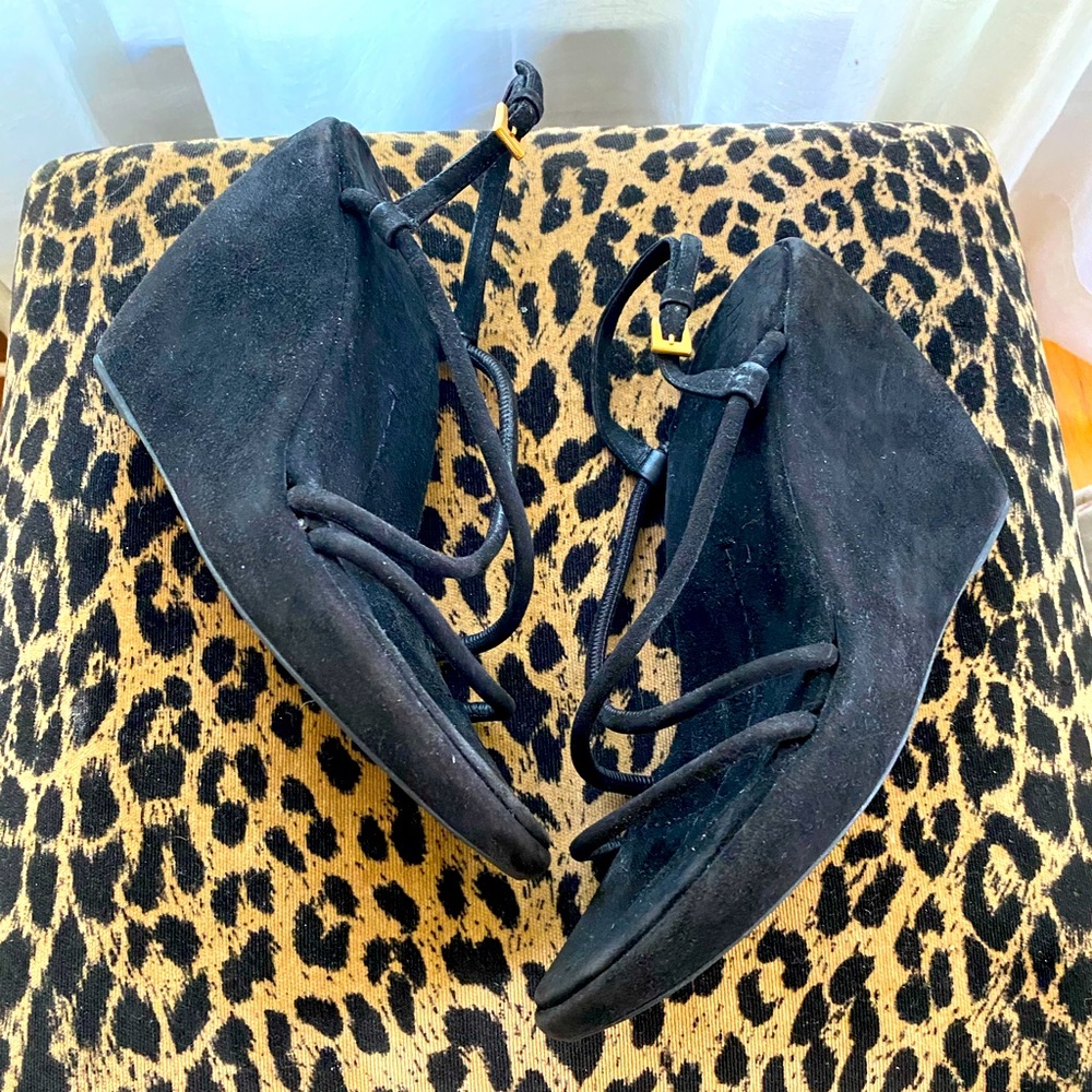 PRADA Black Suede Strappy Wedges size 9